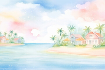 Fototapeta na wymiar Romantic pastel-colored seaside scenery with a cozy resort hidden amidst nature , cartoon drawing, water color style