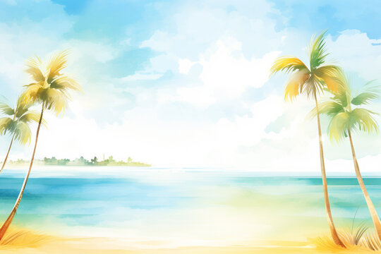 Palm trees swaying gently by a calm turquoise coastline under a vibrant sun , cartoon drawing, water color style