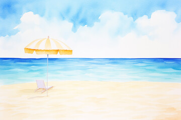 Fototapeta na wymiar Stunning white sand beach scene with a lone umbrella providing shade from the sun , cartoon drawing, water color style