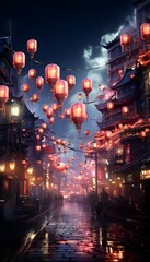 Chinese lanterns floating in the sky over a street in Shanghai, China