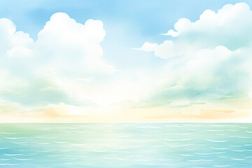 Fototapeta na wymiar Sunlight filtering through wispy clouds over serene turquoise waters , cartoon drawing, water color style
