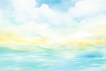 Sunlight filtering through wispy clouds over serene turquoise waters , cartoon drawing, water color style - obrazy, fototapety, plakaty