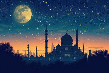 A beautiful silhouette of a mosque and Mesmerizing night view of a mosque under starry sky and bright moon. Perfect for Ramadan, Eid, or Islamic religious themed designs.