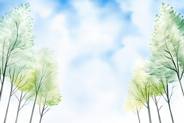 The tranquil blue sky peaking through the tall trees of a dense forest , cartoon drawing, water color style