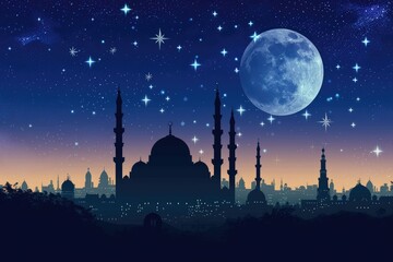 Fototapeta premium A beautiful silhouette of a mosque and Mesmerizing night view of a mosque under starry sky and bright moon. Perfect for Ramadan, Eid, or Islamic religious themed designs.