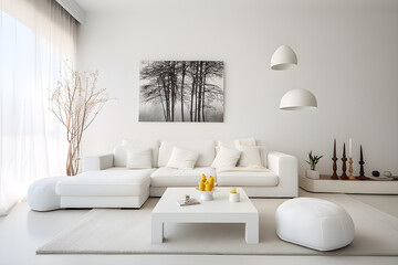 white living room with modern decoration, simple home decor, generative ai