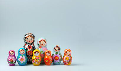 traditional matryoshka nesting dolls large family isolated on plain blue studio background with empty text space