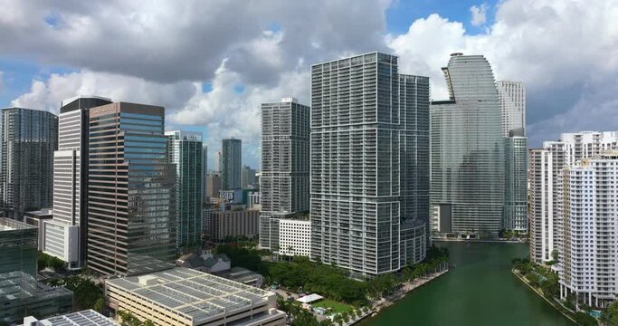 Miami Brickell in Florida, USA. View from above of concrete and glass skyscraper buildings in downtown district. American megapolis with business financial district.