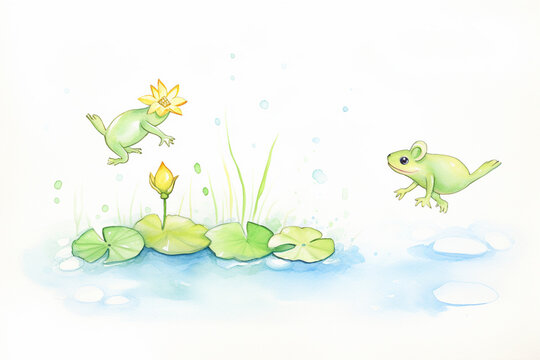 Watercolor painting of a colorful frog leaping from one lily pad to another , cartoon drawing, water color style