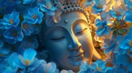 Close-up of a serene Buddha statue face surrounded by a sea of delicate blue hydrangea flowers.