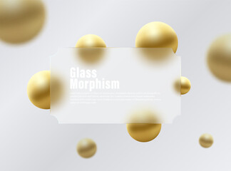 Effect of glass morphism. Glass ticket made of transparent frosted glass. Golden spheres on a white background. - obrazy, fototapety, plakaty