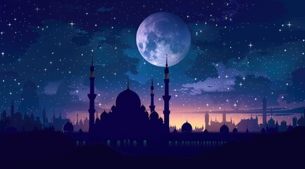 A beautiful silhouette of a mosque and Mesmerizing night view of a mosque under starry sky and bright moon. Perfect for Ramadan, Eid, or Islamic religious themed designs.