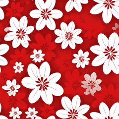 Floral Blossom Harmony: A Bright and Romantic Vintage Garden Print with Red Hibiscus, Cute Daisy, and Pink Sakura on a Seamless Floral Pattern Background