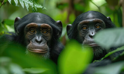 Two playful baby Chimpanzees sitting side by side.