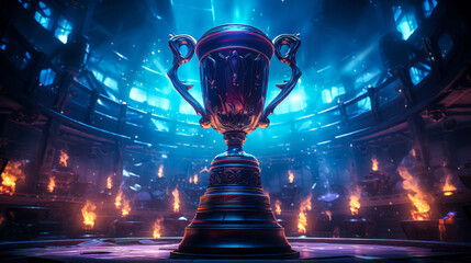 Futuristic neon-lit trophy cup center stage with dynamic lighting in an e-sports arena, symbolizing victory, achievement, and competitive excellence