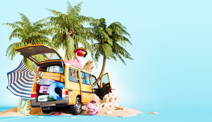Summer travel concept. Yellow van with luggage on the beach sand with palm trees on blue background...