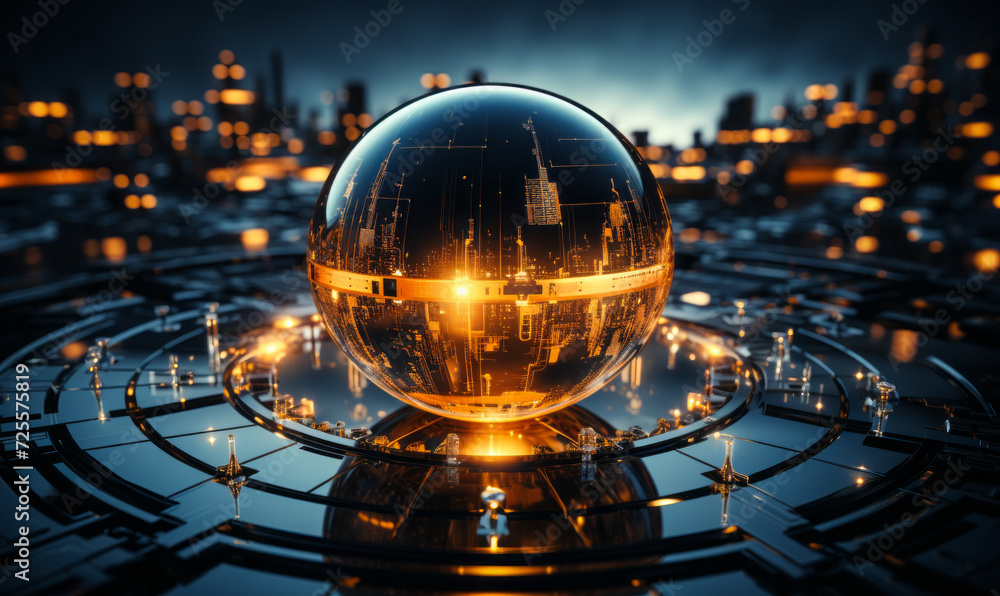 Poster futuristic spherical device with intricate patterns glowing on a dark, high-tech background