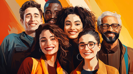 Obraz premium Diverse Group of Smiling People with Different Ethnicities in Casual Clothing, Illustration of Inclusivity and Community on Warm Colored Background