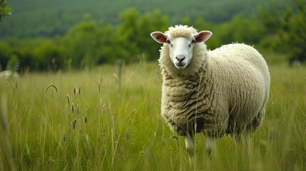 Obraz premium A fluffy white sheep standing in a lush green meadow