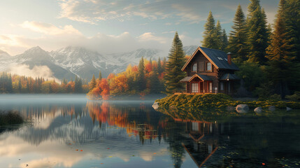 A house in the side of beautiful lake landscape