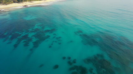 Sandy beach with light blue transparent water waves and sunlight, tranquil aerial beach scene