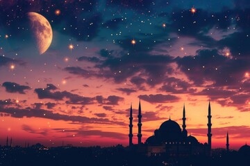 Fototapeta na wymiar A beautiful silhouette of a mosque and Mesmerizing night view of a mosque under starry sky and bright moon. Perfect for Ramadan, Eid, or Islamic religious themed designs.