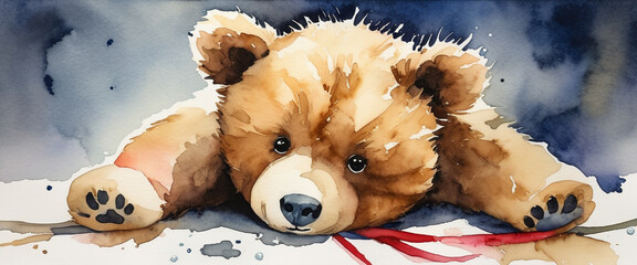 A cute baby brown bear is lying down. Animal illustration in watercolor style.