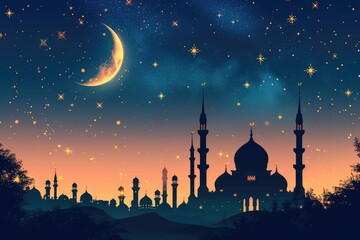 A beautiful silhouette of a mosque and Mesmerizing night view of a mosque under starry sky and bright moon. Perfect for Ramadan, Eid, or Islamic religious themed designs.