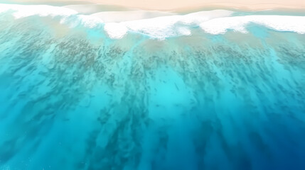 Fototapeta premium Sandy beach with light blue transparent water waves and sunlight, tranquil aerial beach scene