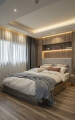 Fototapeta na wymiar a beautiful trendy luxury cozy comfortable bedroom interior design