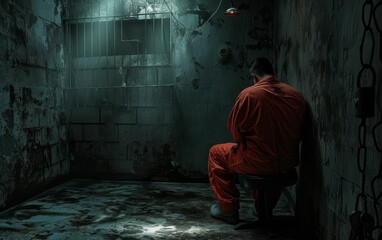 A prisoner sits alone in a dim, wet cell, illuminated by a single light, evoking a sense of isolation and despair.