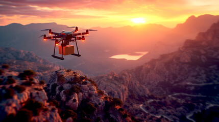 Delivery Drone at Mountain Sunset, As the sun sets over mountainous terrain, a high-tech drone...