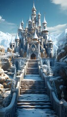 Magic fantasy castle in snowy mountains. Panoramic view. 3D rendering - obrazy, fototapety, plakaty