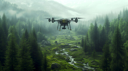 Eco-Monitoring Drone Over Serene Wilderness, A drone hovers over a misty forested landscape with a...