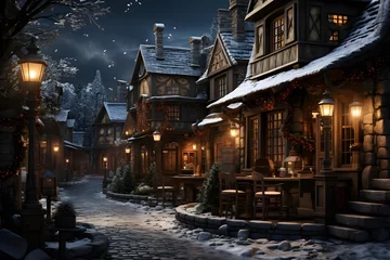 Gartenposter Winter night in the village. Christmas and New Year holidays concept. © Michelle