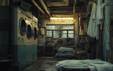 A vintage, sunlit laundromat with three washing machines, tiled walls, and posted instructions.