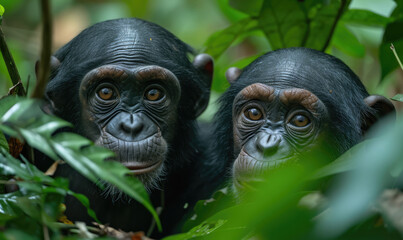 Two playful baby Chimpanzees sitting side by side.