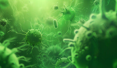 viral infection in green background, 3d illustration