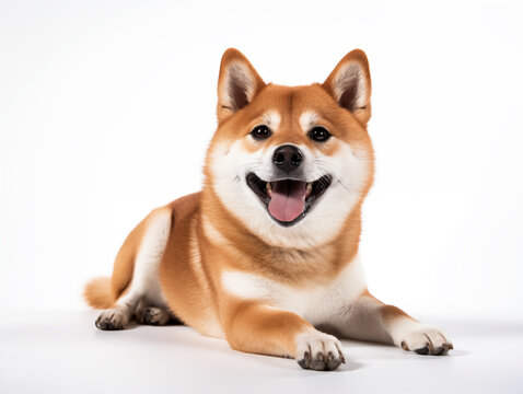 Portrait of funny and happy Shiba laying down on white  background