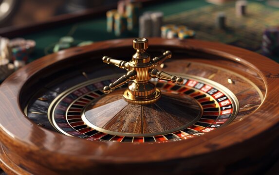 Close-up of a spinning roulette wheel with a golden spinner, vibrant colors, and poker chips.