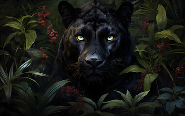 Black leopard in the heart of the jungle, Generative AI