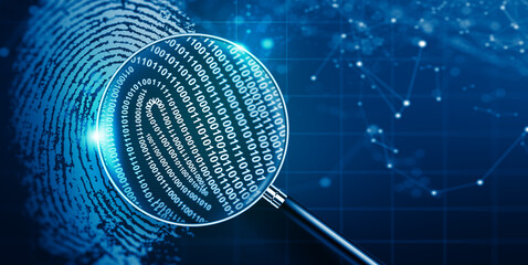 Magnifying glass and Biometrics authentication technology with binary code. Fingerprint digital technology, Digital verification access, and Cyber access identity Concept. 3D rendering.