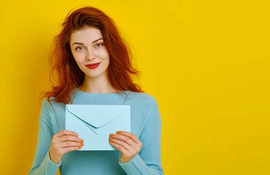 A pretty girl holding an envelope in her hands. Copy space. Smiling trendy girl on yellow background.