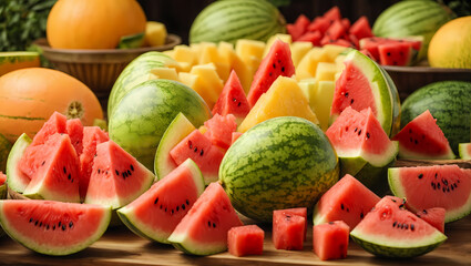 A medley of honeydew, cantaloupe, and watermelon slices arranged in a summer-inspired display of juicy and refreshing melons.