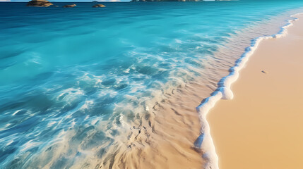 Obraz premium Sandy beach with light blue transparent water waves and sunlight, tranquil aerial beach scene