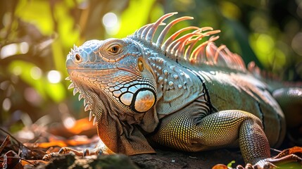 Iguana basking in the sun in the forest. Reptile in a relaxed and natural pose. Closeup portrait