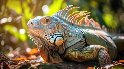 Fototapeta premium Iguana basking in the sun in the forest. Reptile in a relaxed and natural pose. Closeup portrait