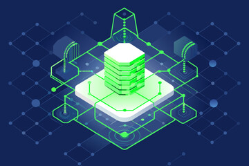 Artificial intelligence concept, ai isometric icon, big data, calculation, supercomputer concept, green blocks, database, data security encryption dark neon