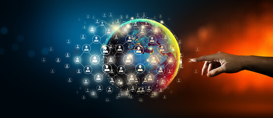 Hand leading global network connection and data exchange with Abstract Background. Communication...