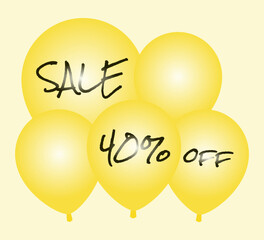 Sale and 40% off written in pen on yellow balloons.